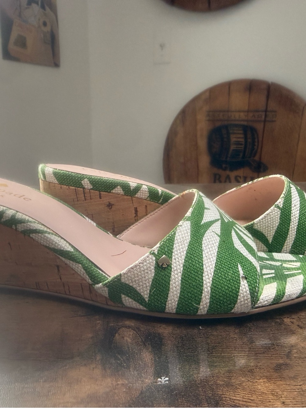 Green and White Patterned Wedge Mules - Women's Fashion Shoes